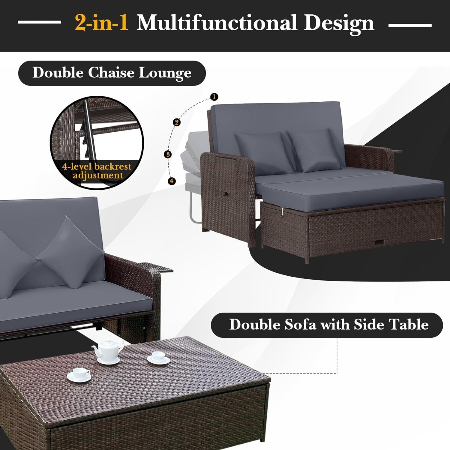 Grey+Brown 2-Seater Rattan Outdoor Daybed with Adjustable Back, Ottoman & Cushio