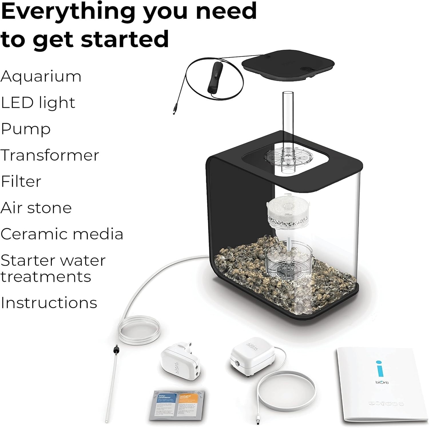 15L Compact Acrylic Aquarium with LED Light - Black, Desk-Friendly
