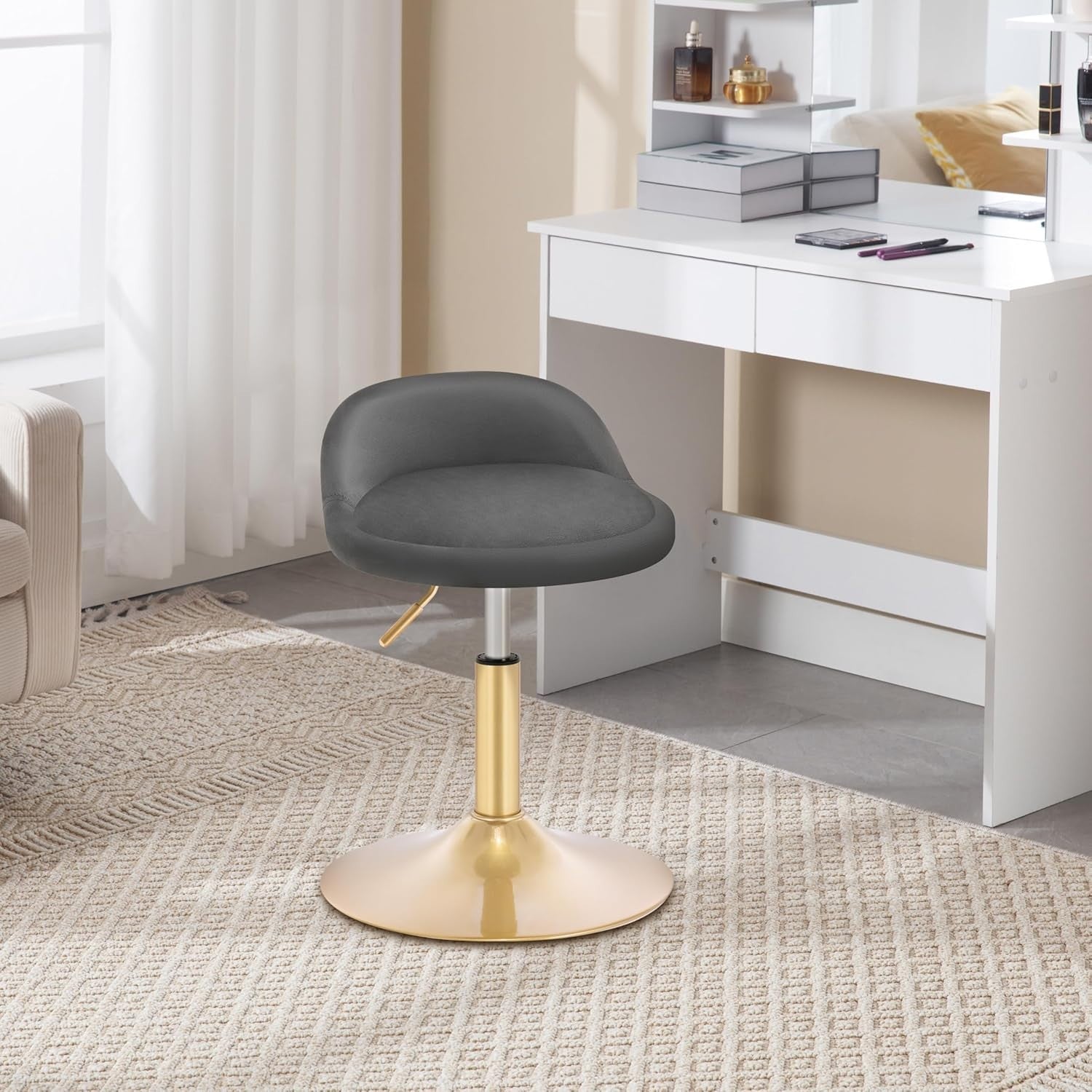 Dark Grey Velvet Swivel Stool Height Adjustable Round Chair Gold Base
