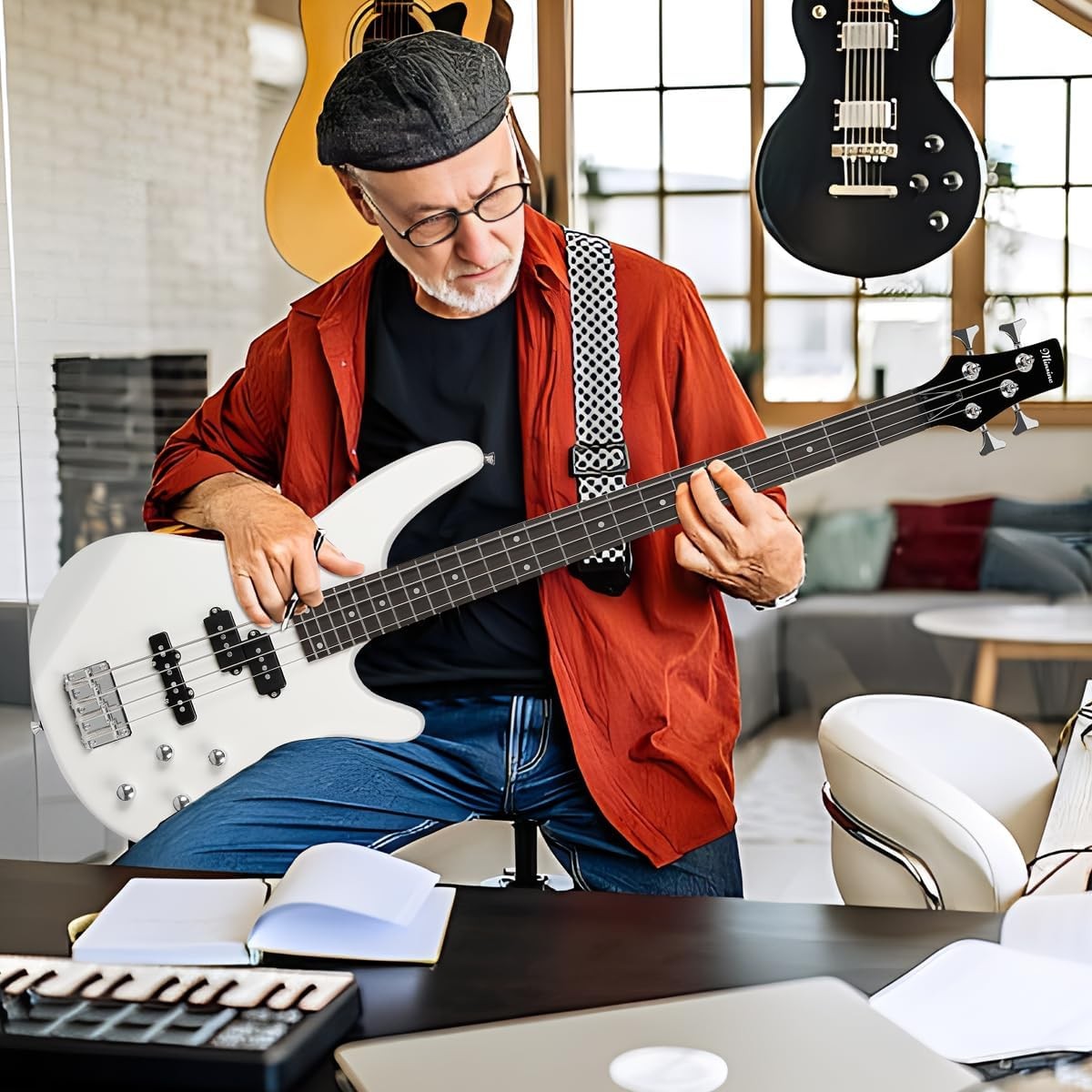 Full Size 4 String Electric Bass Guitar Starter Kit P Style White