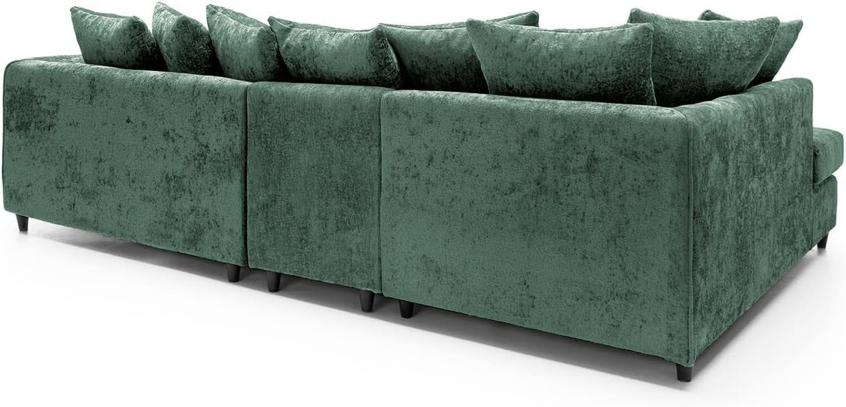 Large Green Chenille Corner Sofa – Modern L Shape 5 Seater Couch w/ Covers
