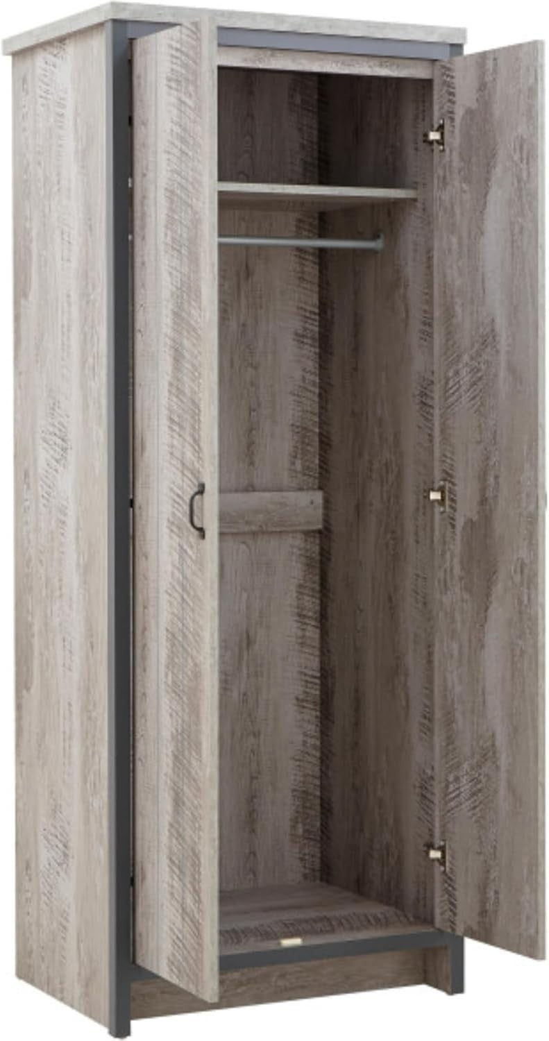 Grey 2 Door Wardrobe with Hanging Rails & Shelf Storage - Sturdy Bedroom
