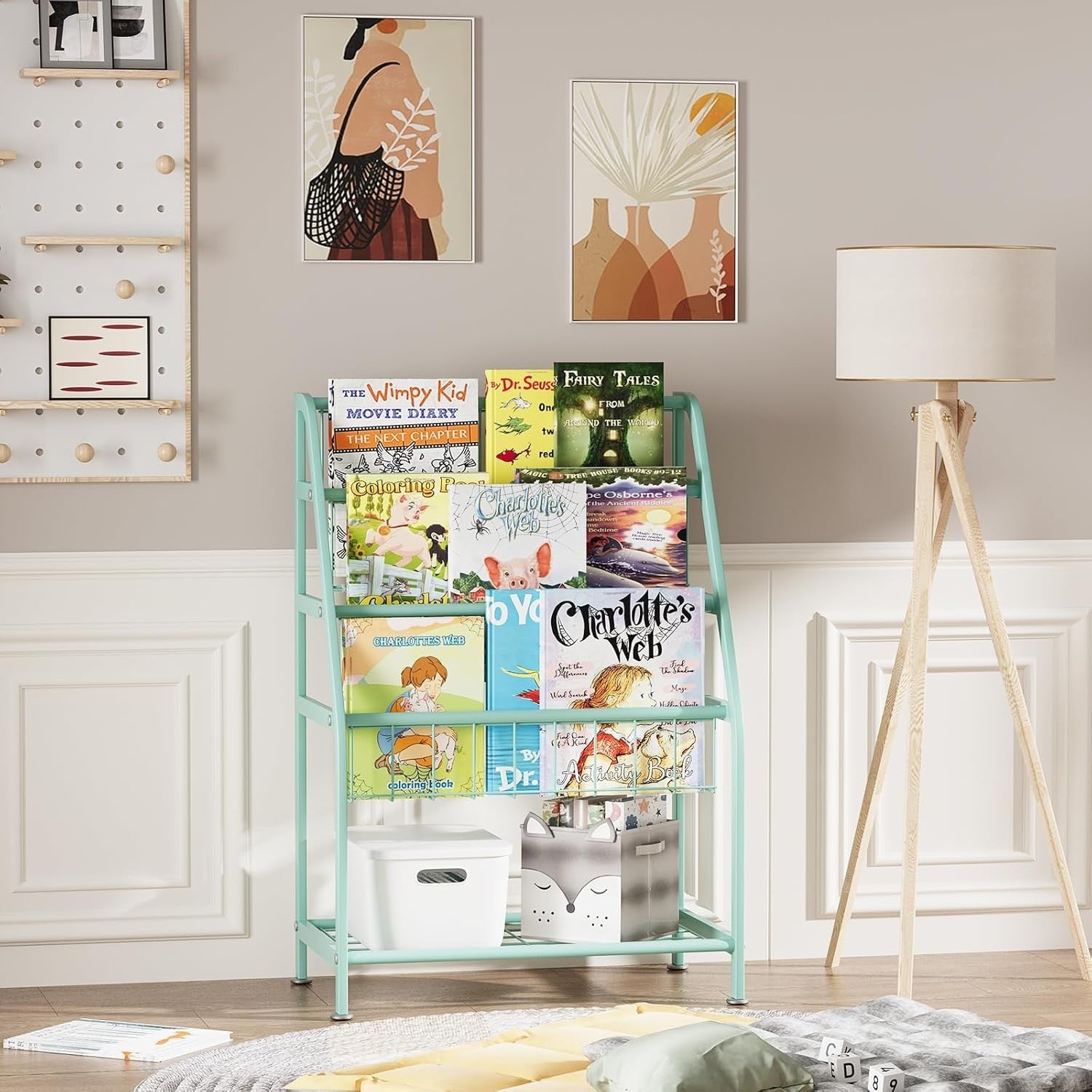 Kids Leaning Bookshelf & Toy Organizer Rack – Durable Metal, Space Saving