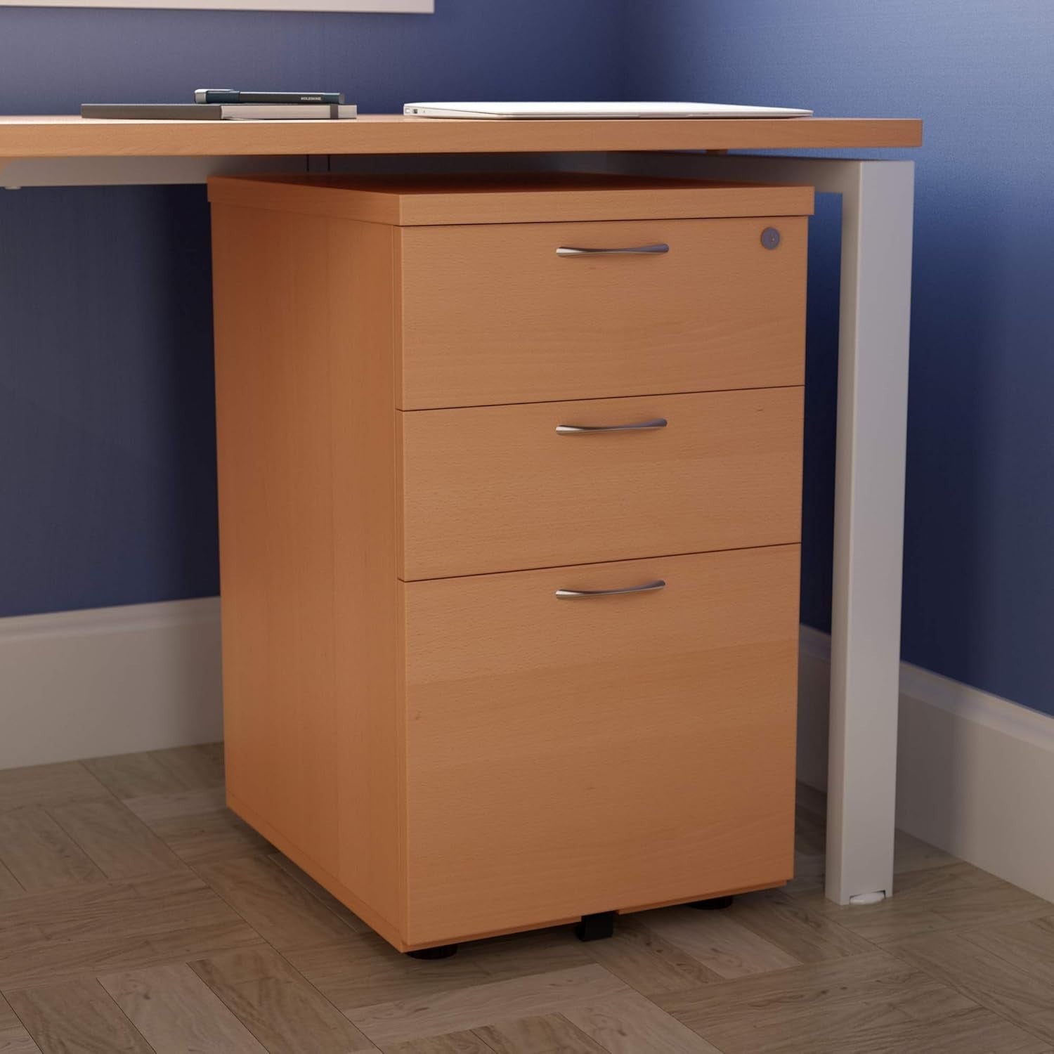 Beech Under Desk Filing Cabinet 3 Drawer Lockable A4 Foolscap