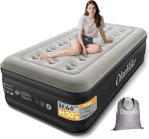 Single Inflatable Air Bed Built-In Electric Pump 50cm High Flocked Mattress