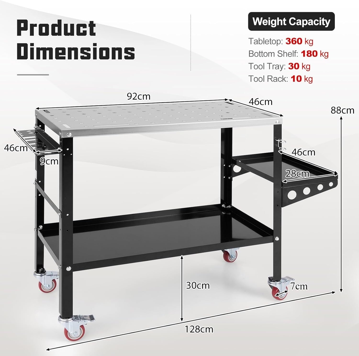 Heavy Duty Welding Table on Wheels 36x18 580kg Workbench Tool Rack Fixture Holes