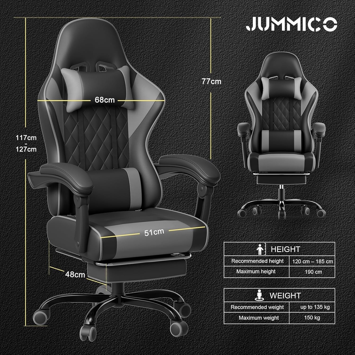 Gaming Chair with Massage Lumbar Recliner Footrest 150kg Grey
