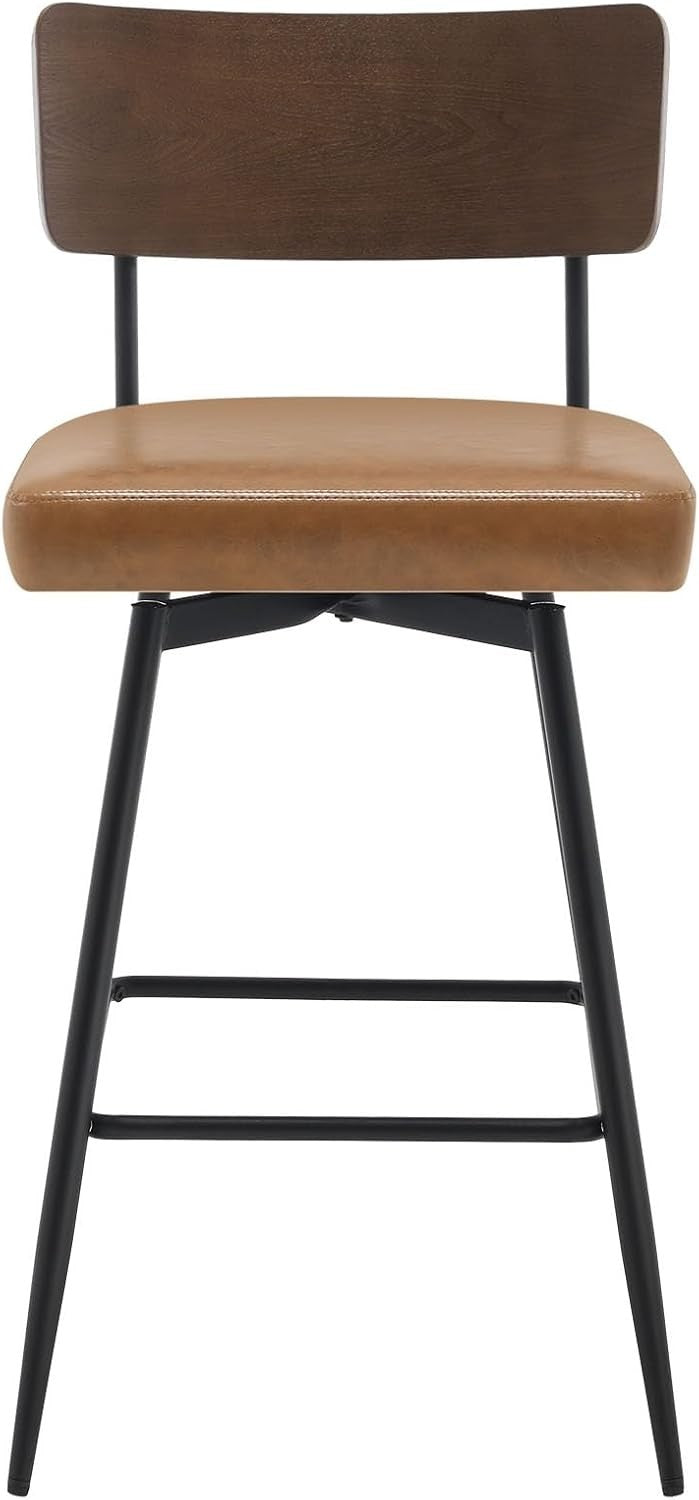 Swivel Bar Stools Set of 2 PU Leather Wood Back 65cm Seat