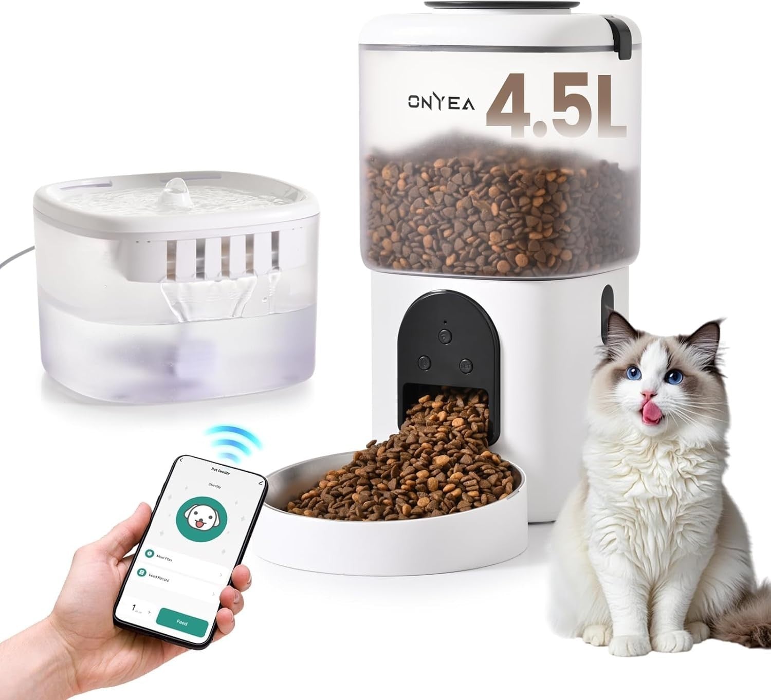 WiFi Automatic Cat Feeder Water Fountain 4.5L Food 2.5L Smart App Pet