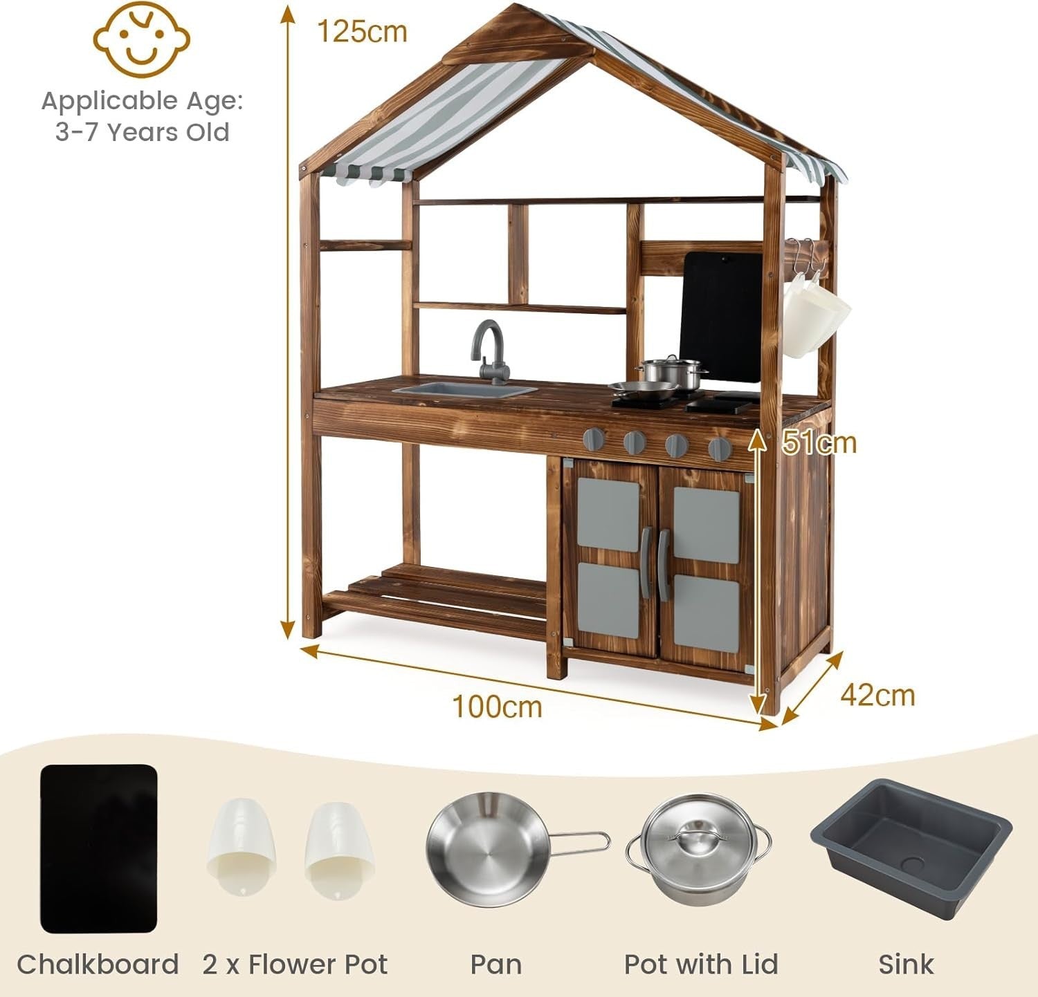 Outdoor Mud Kitchen Kids Wooden Playset w/ Canopy Sink Chalkboard