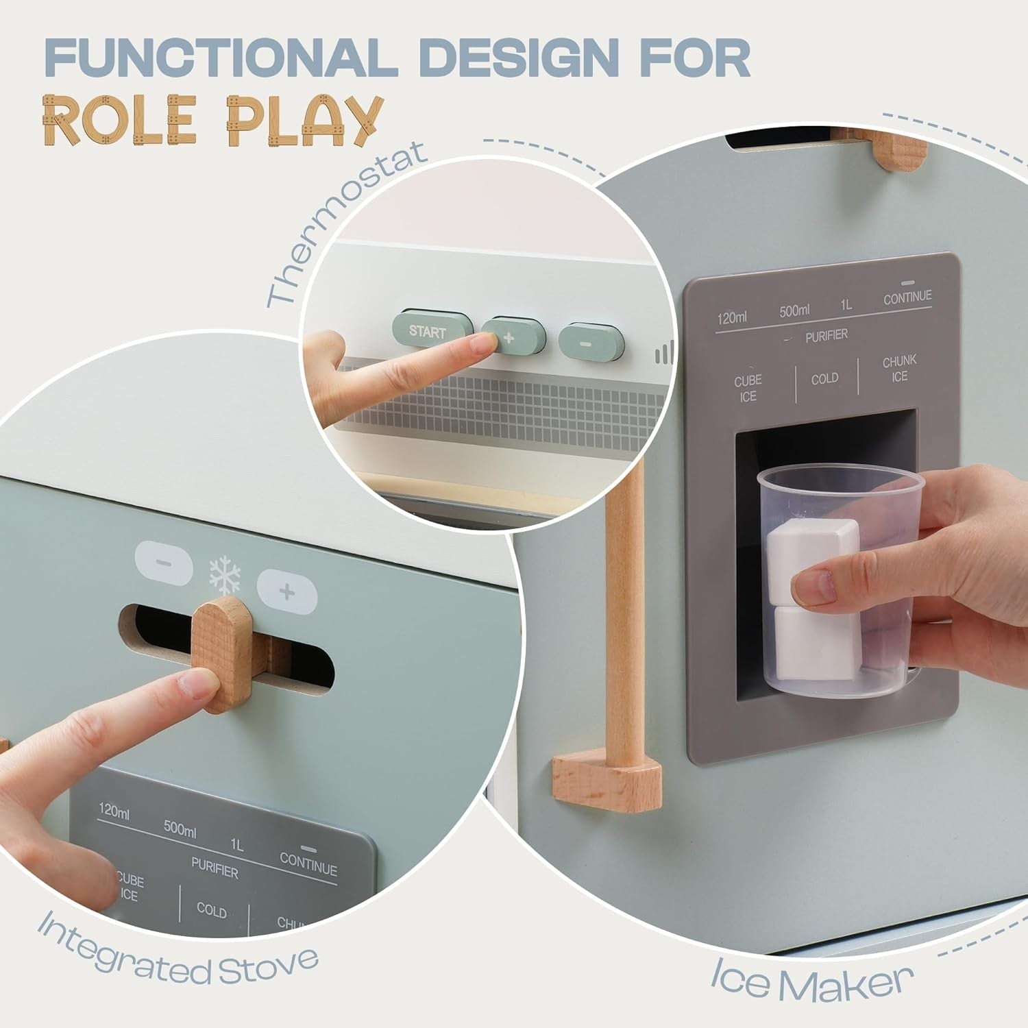 Montessori Wooden Kids Play Kitchen w/ Lights Sounds Ice Blue