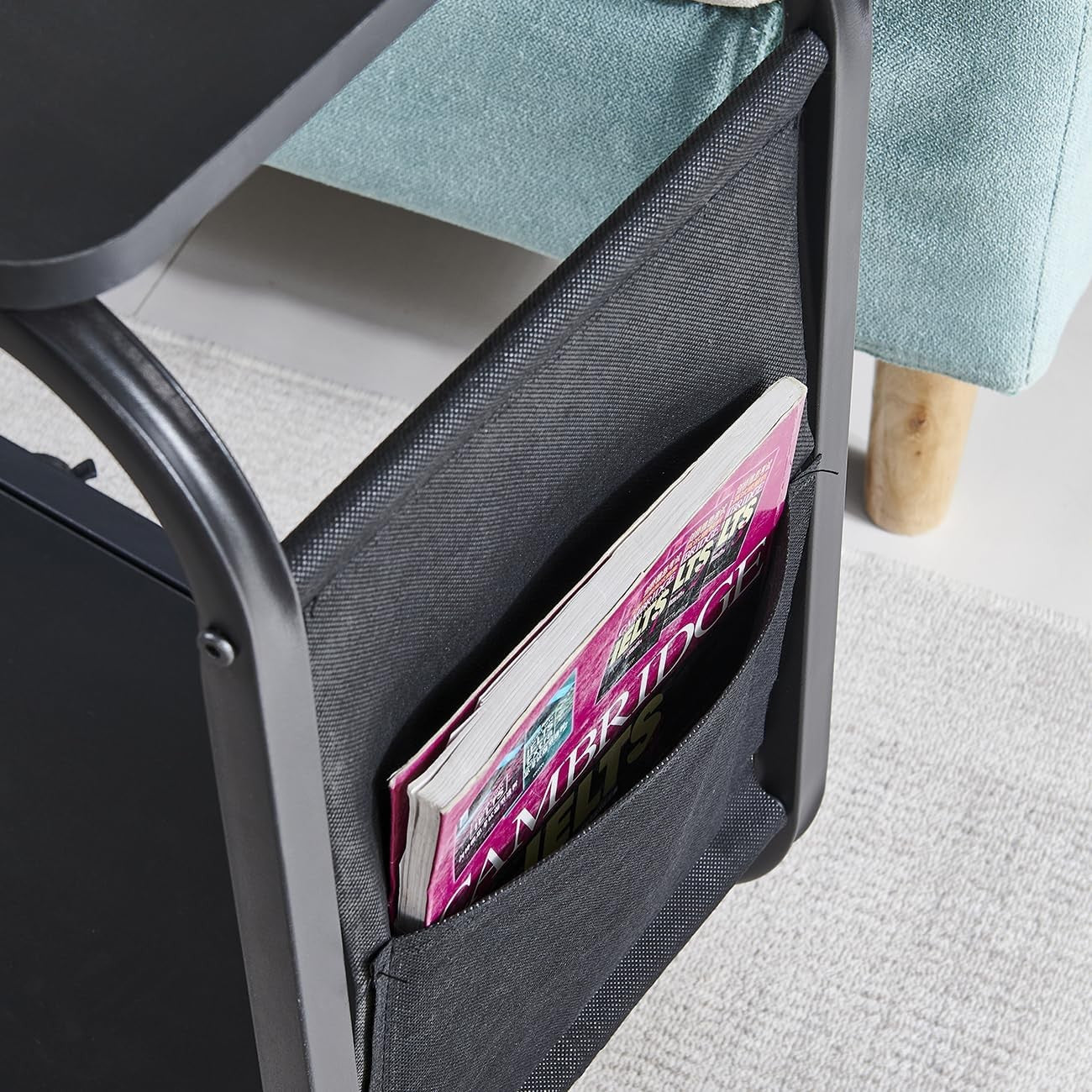 Black Modern Side Table with 2-Tier Storage Shelf – Slim Sofa End Table on Wheel