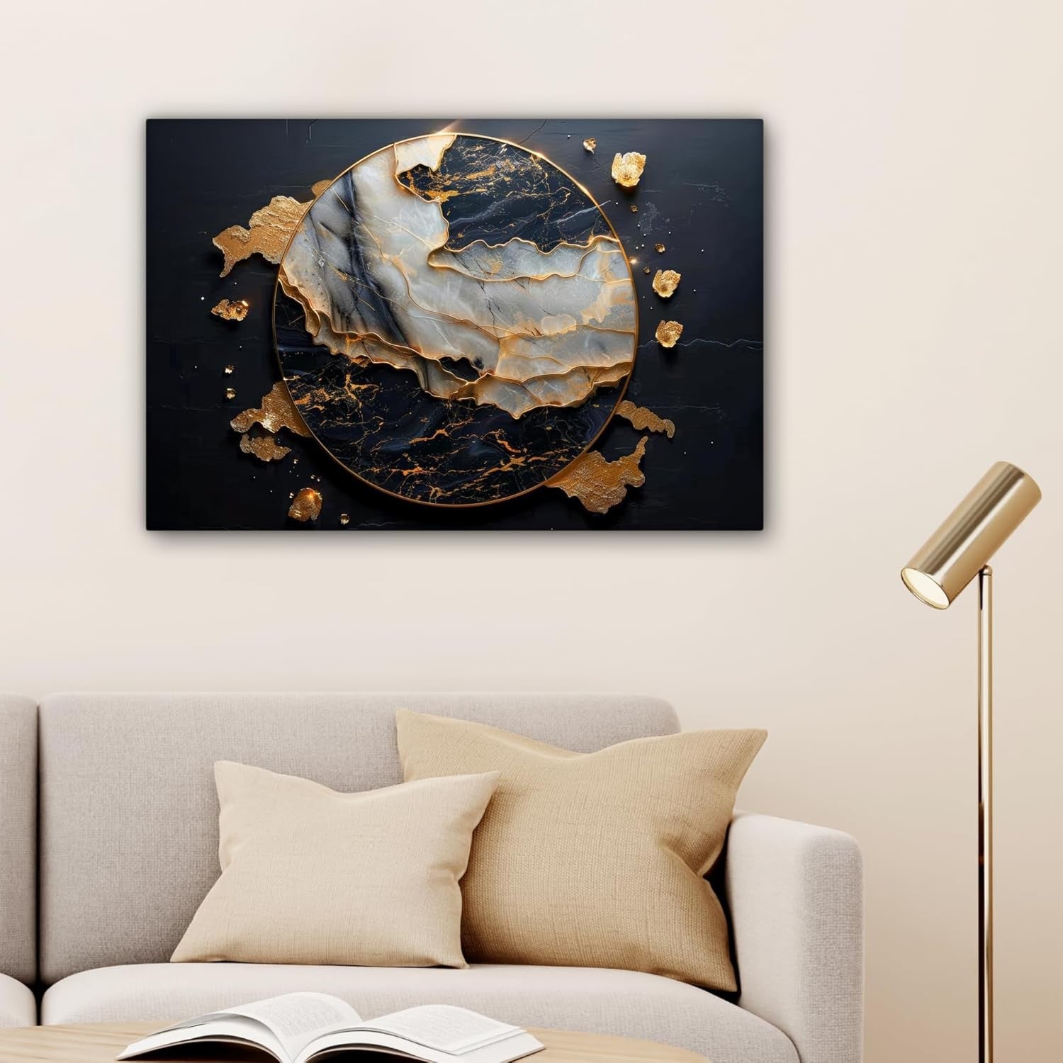 Gold Black Abstract Canvas Wall Art 60x40cm Framed Modern