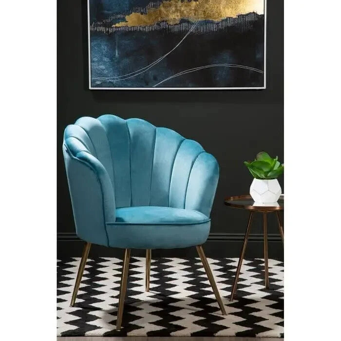 Aqua Velvet Scalloped Chair Gold Legs Accent Armchair for Modern Interiors