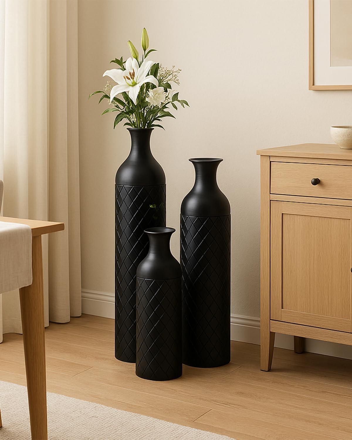 Tall Black Metal Floor Vases Set of 3 Modern Standing Home Decor