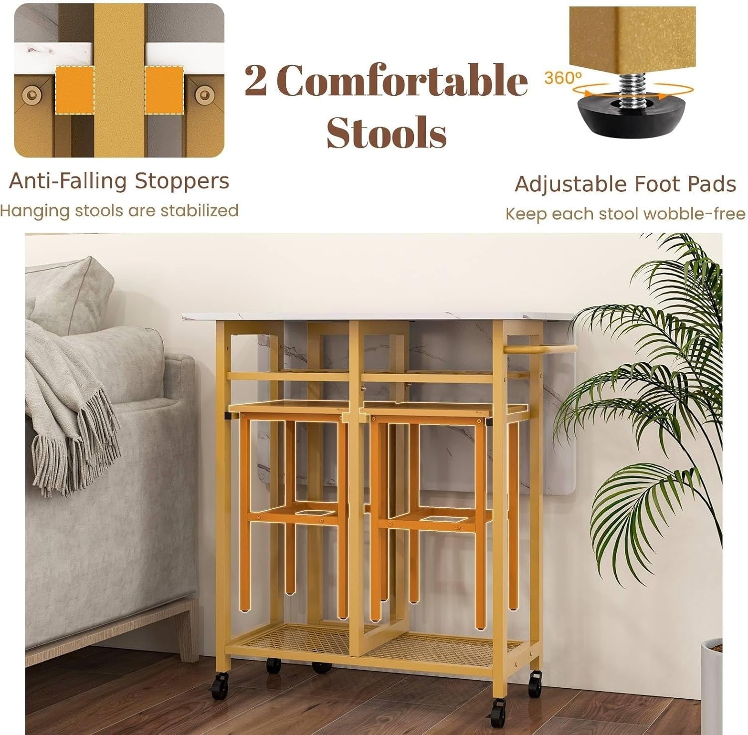 3-Piece Folding Dining Table & Stools Set White Golden with Wine Rack
