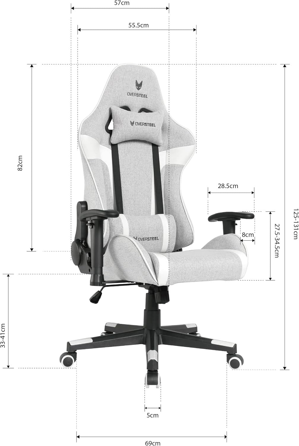 Professional Gaming Chair 180° Recline Fabric Grey White