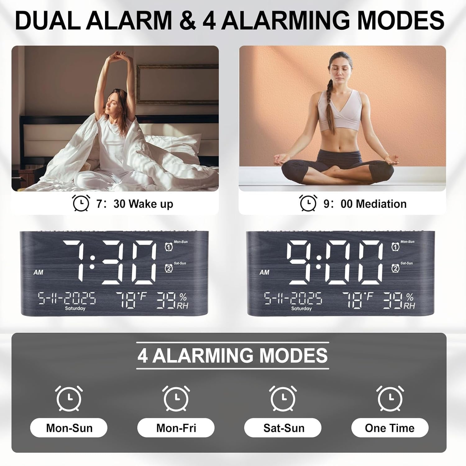 Large Digital Alarm Clock 8.7in Display Temperature Humidity USB Charger