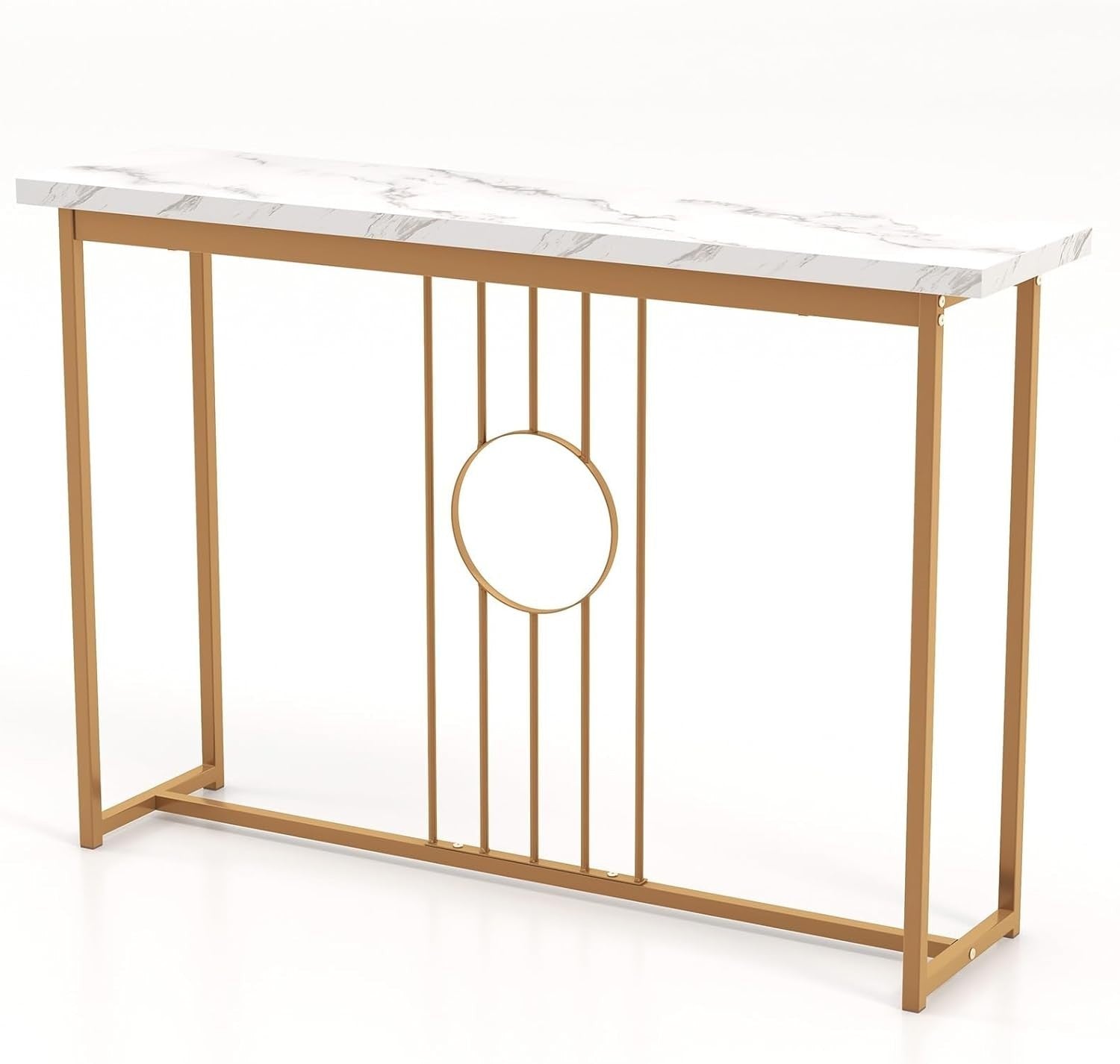 Slim Faux Marble Console Table with Gold Frame, Anti-Tip Safety