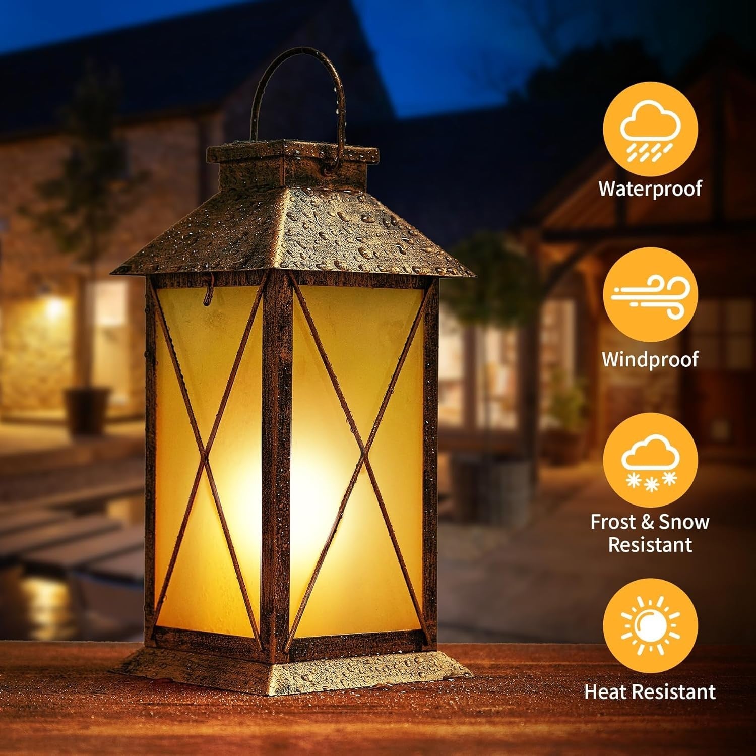 2-Pack Solar Lanterns Flickering Flame 13" Glass Metal Outdoor Lights