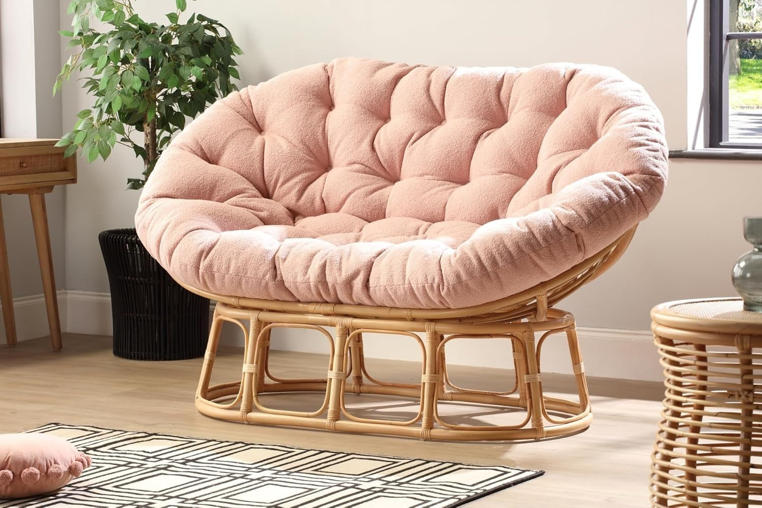 Blush Pink Double Papasan Rattan Lounge Chair Indoor 2 Seater Deep Cushion