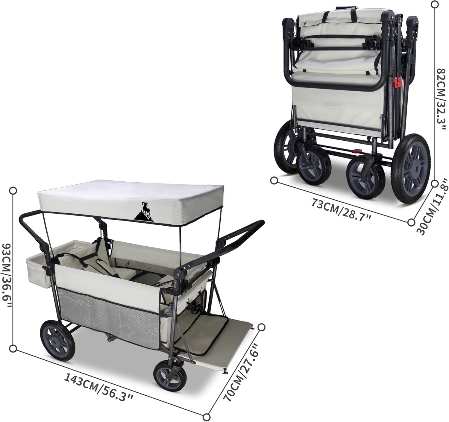 Beige Folding Wagon w/ Canopy 2 Seats Heavy Duty Collapsible Cart 120kg Outdoor