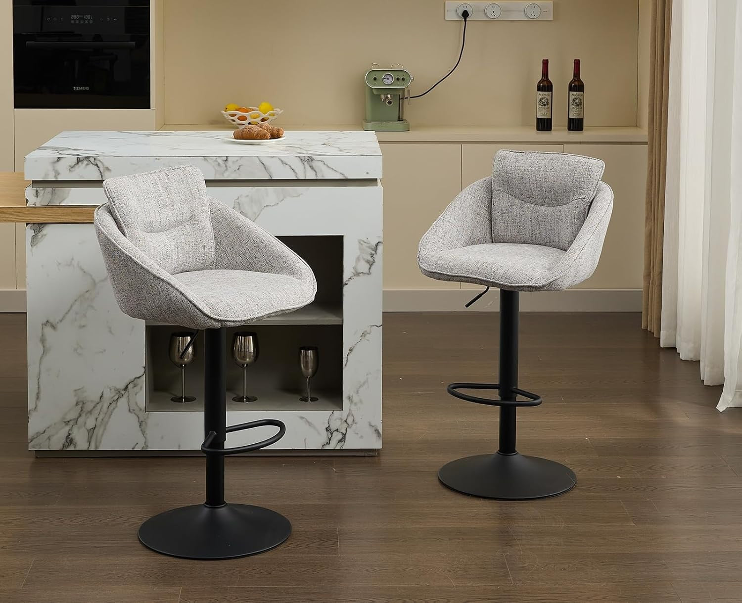 Adjustable Grey Linen Bar Stools Set of 2 Swivel Kitchen Counter