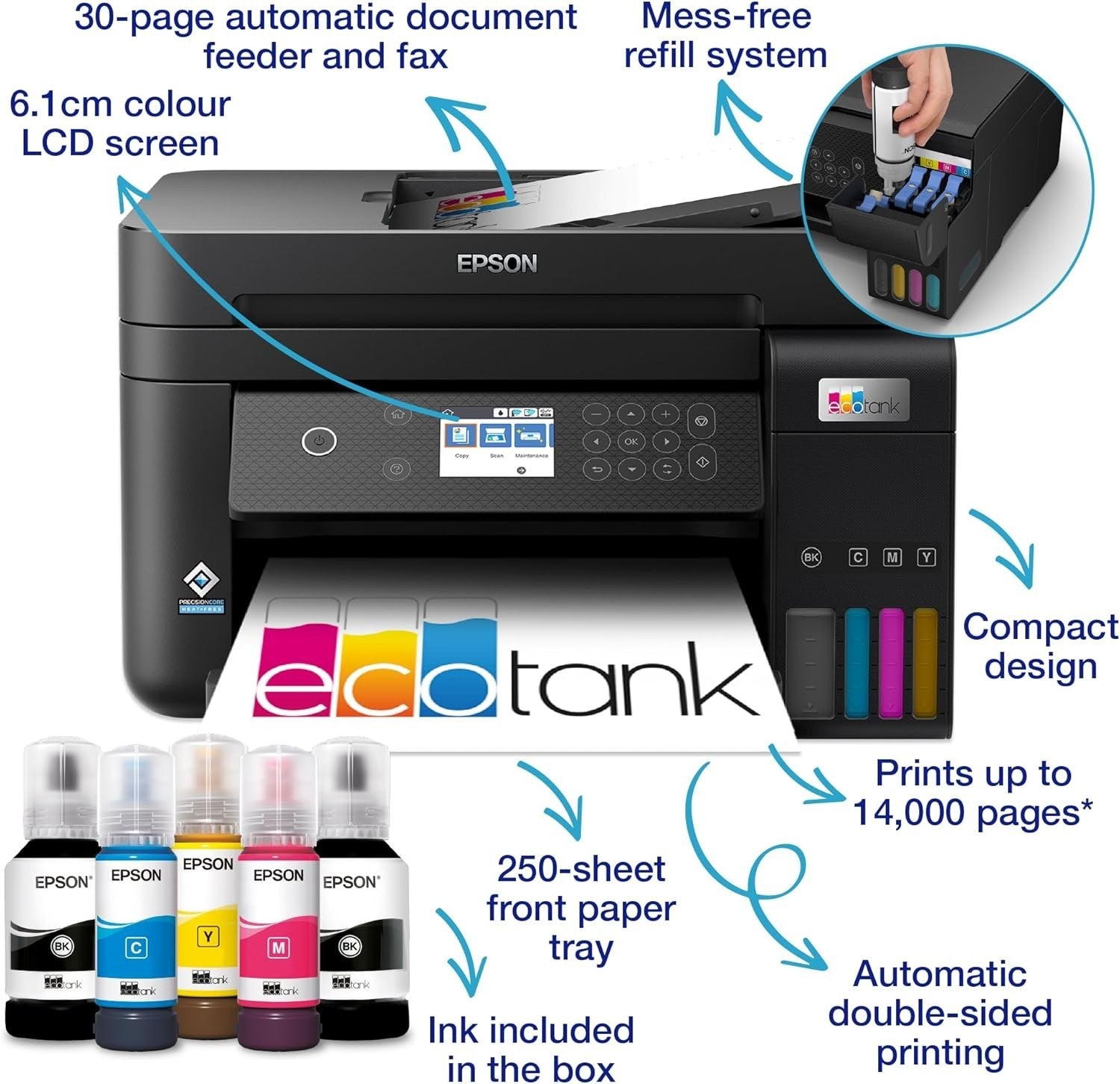 A4 Wi-Fi Ink Tank Printer Black | Duplex Copy Scan ADF High Yield