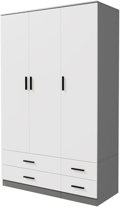 3 Door Wardrobe Grey White 4 Drawer Bedroom Storage Cupboard Hanging Rail