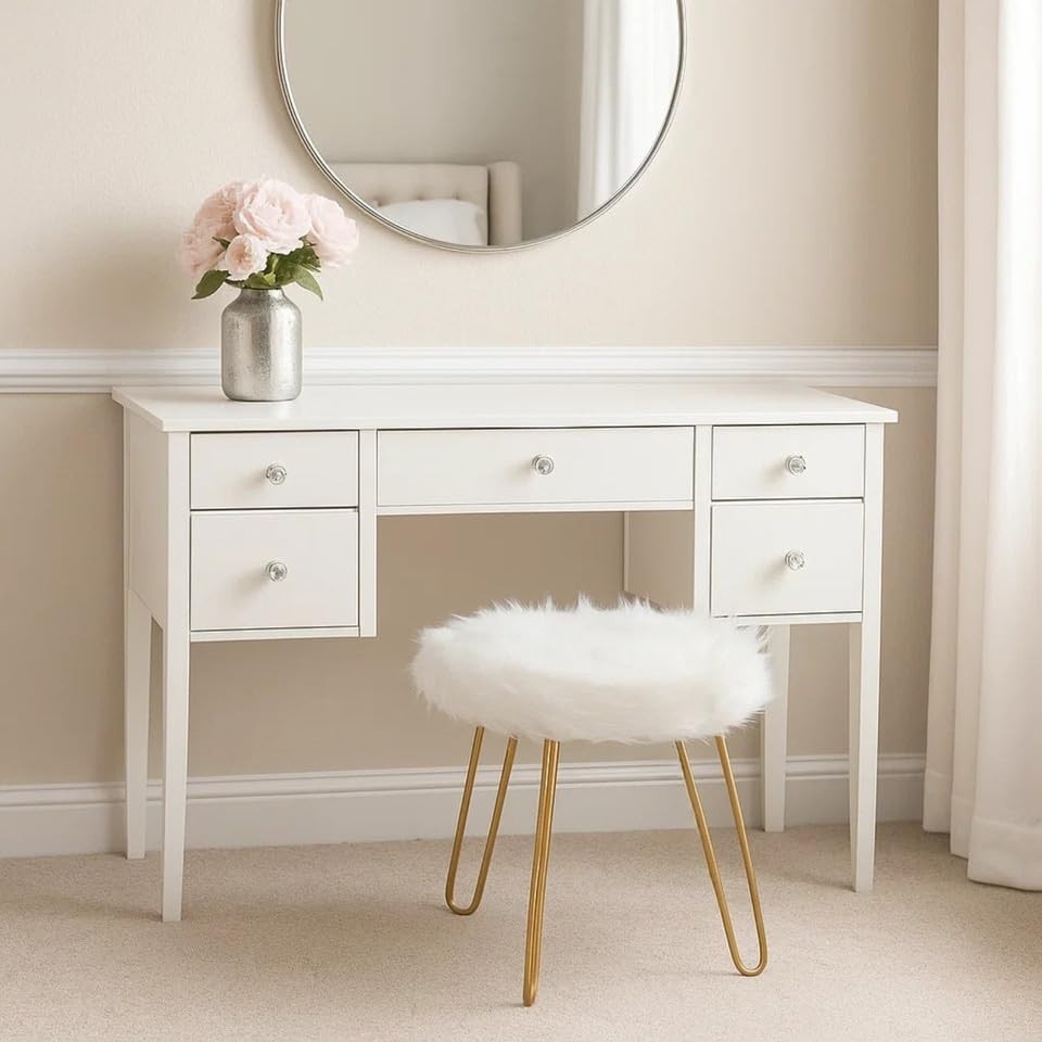 White Faux Fur Vanity Stool Round Gold Hairpin Legs Modern Accent Seat