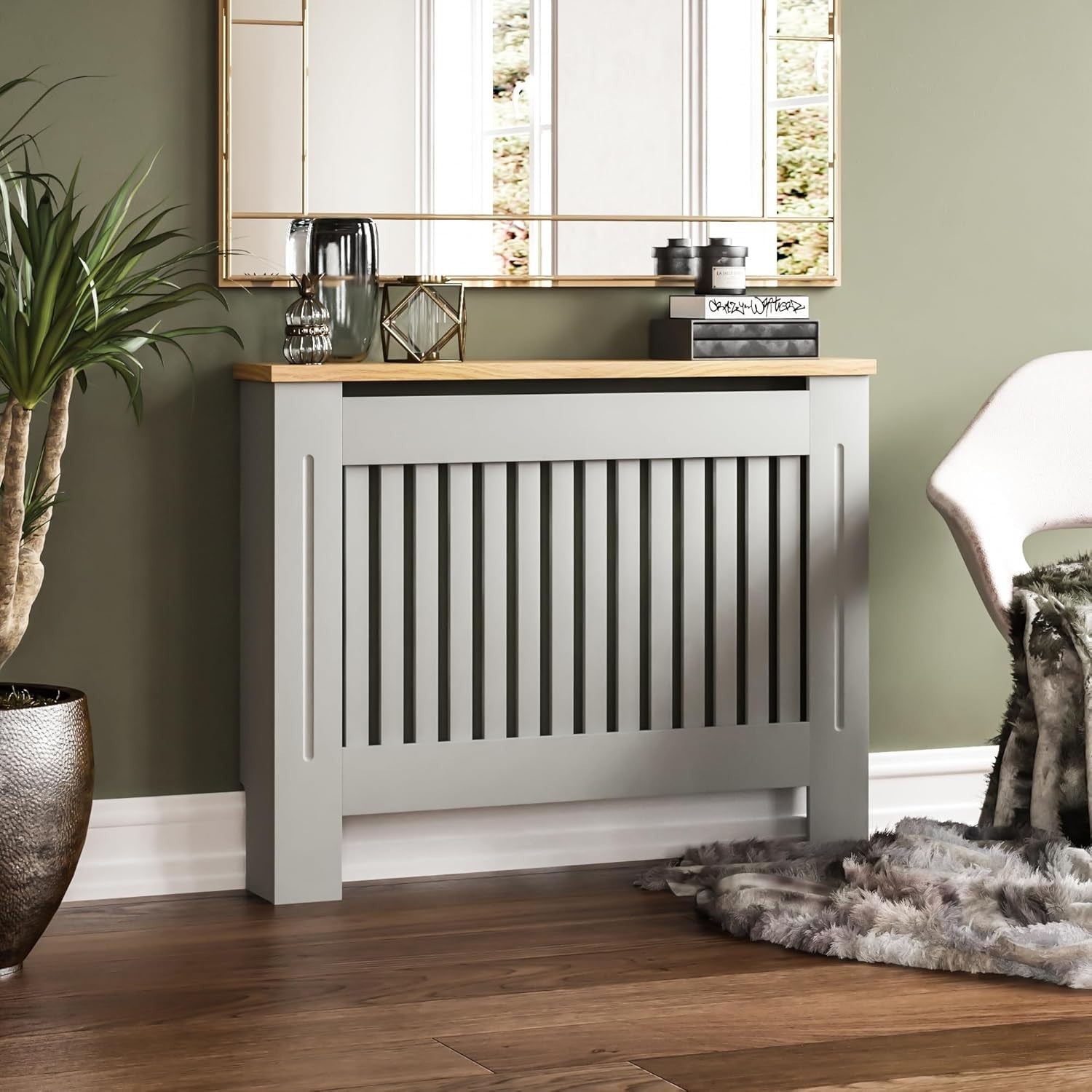 Medium Olive Grey Radiator Cover Cabinet MDF Slatted Grill with Wood Top Shelf