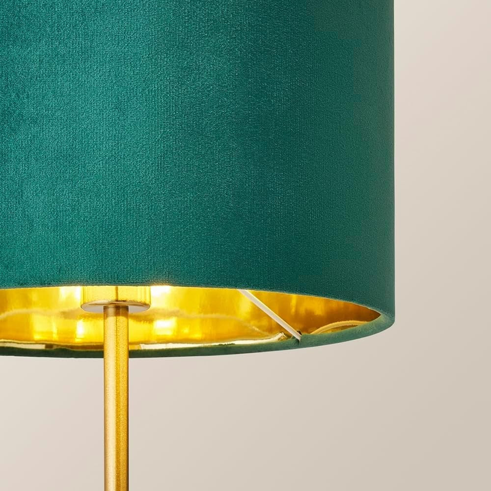 Green Velvet Gold Palm Leaf Table Lamp Drum Shade Luxury Bedside Light