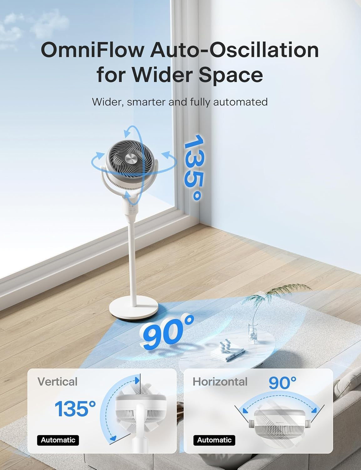 Adjustable Standing Fan White – 3-Speed Quiet Oscillating Air Circulator Remote
