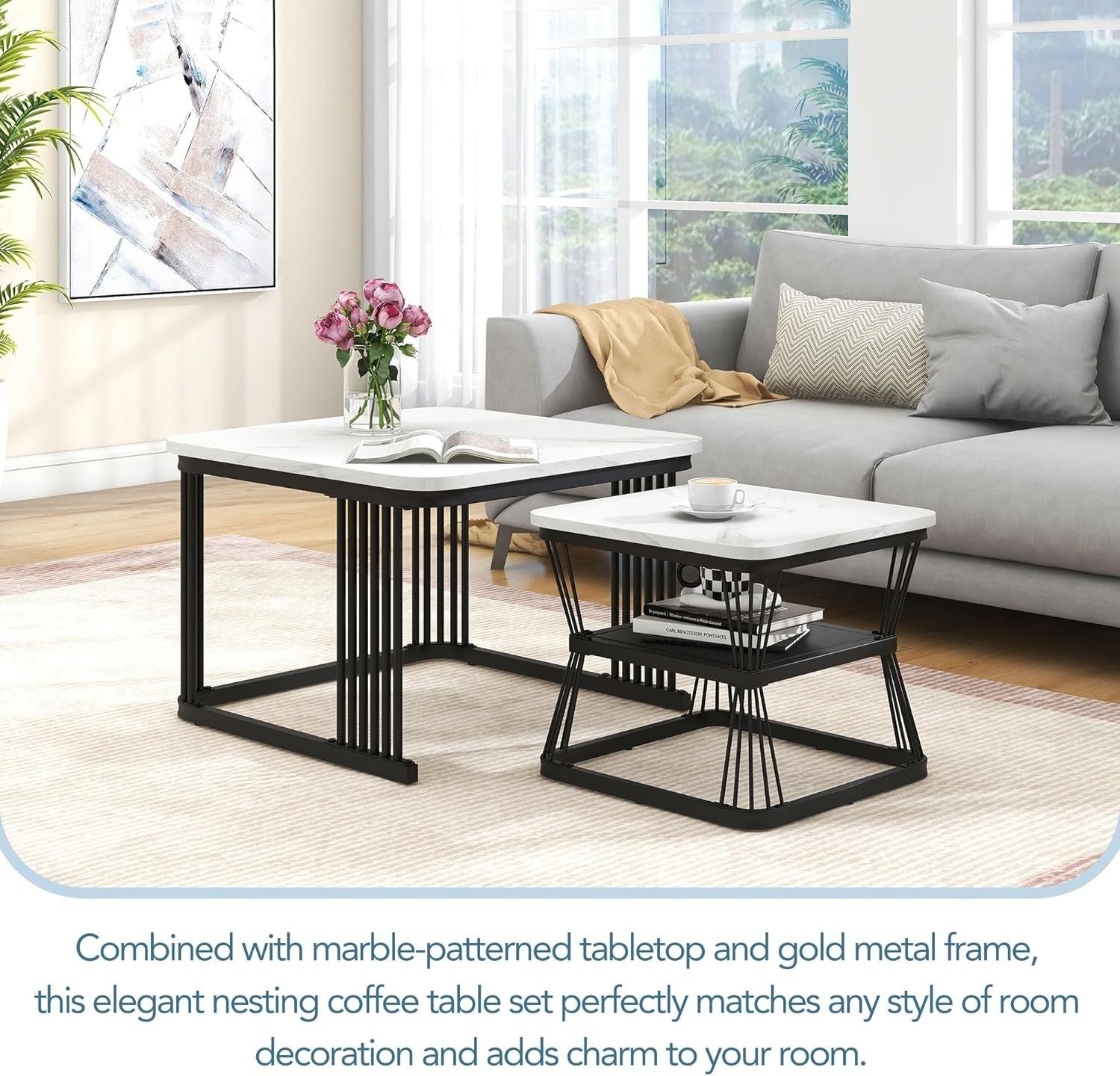 2-in-1 Nesting Coffee Tables, Square Marble White Top, Metal Frame, Space-Saving