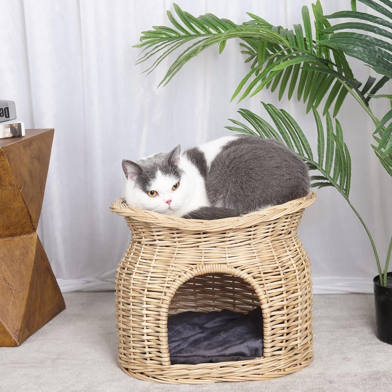 2 Tier Wicker Cat Cave House Kitten Basket Bed with Cushions Beige
