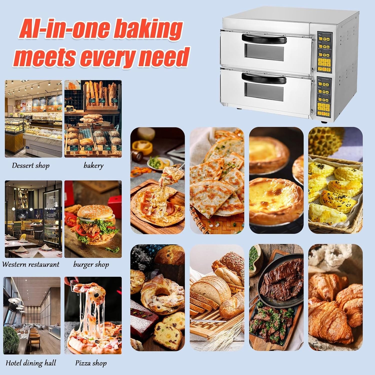 Commercial Electric Pizza Oven 16" Double Deck 500°C Stainless Steel Bakery Gril