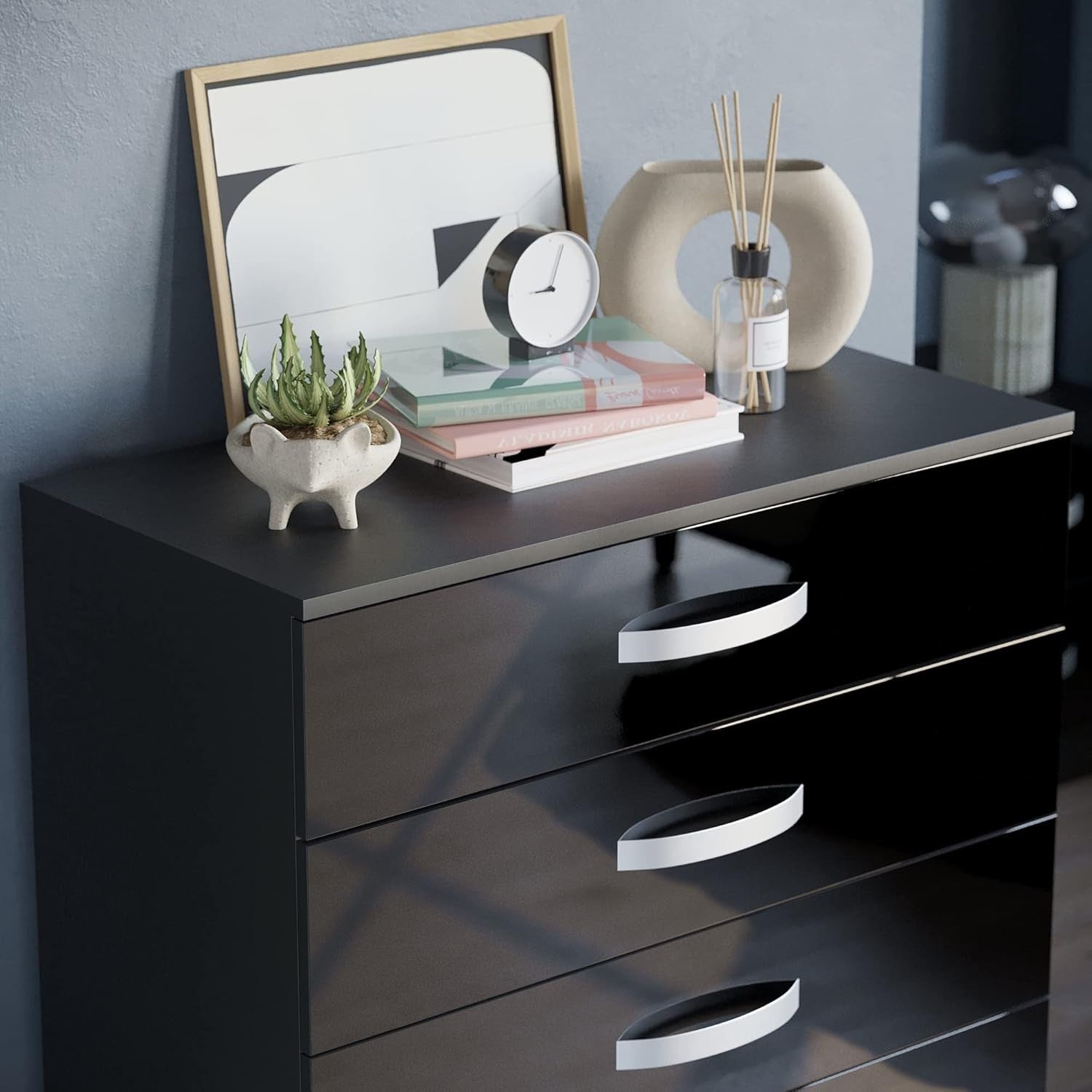 High Gloss 5 Drawer Chest Black Storage Cabinet with Smooth Glide Drawers