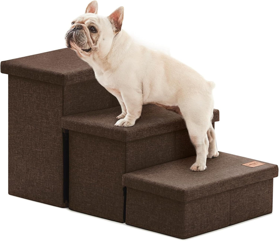Dog Stairs 3 Step with Storage 18" High Foldable Pet Steps Coffee