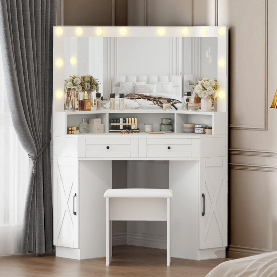 Corner Dressing Table White Makeup Vanity Desk LED Lights 3 Mirror Storage