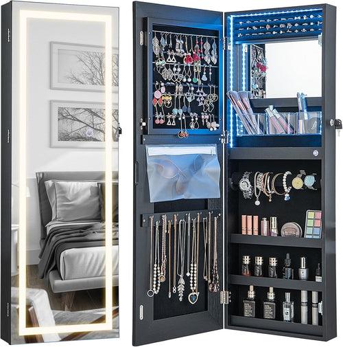 Black LED Wall Hanging Jewelry Cabinet Mirror Lockable 3-Color Light Storage