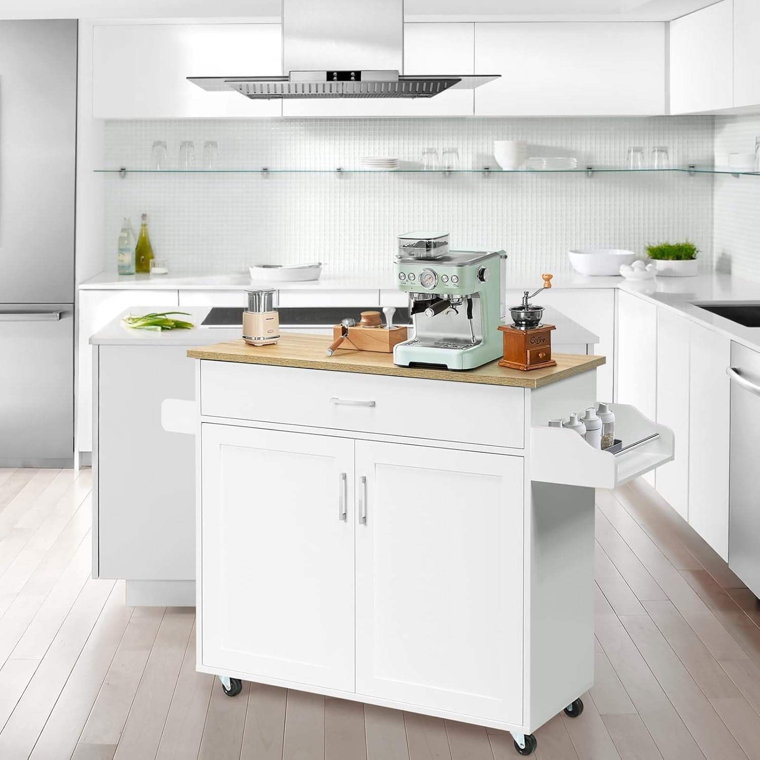 Rolling Kitchen Island Cart with Large Cabinet, Drawer & Wood Top