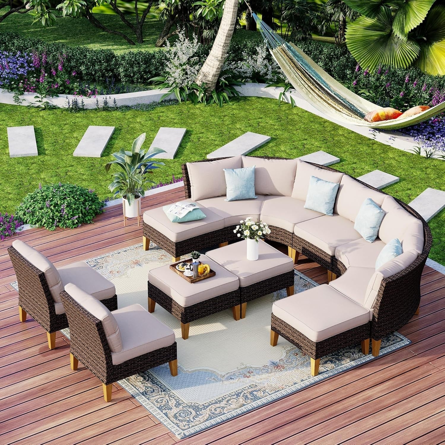 Outdoor Rattan Garden Sofa Set Corner Lounge Waterproof Cushions Table Stool