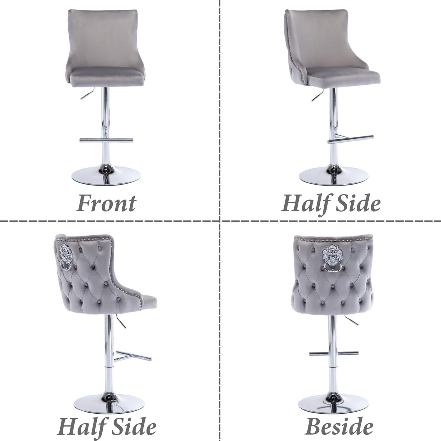 Luxury Velvet Bar Stools Set of 2 – Adjustable Swivel, Lion Accent, Grey