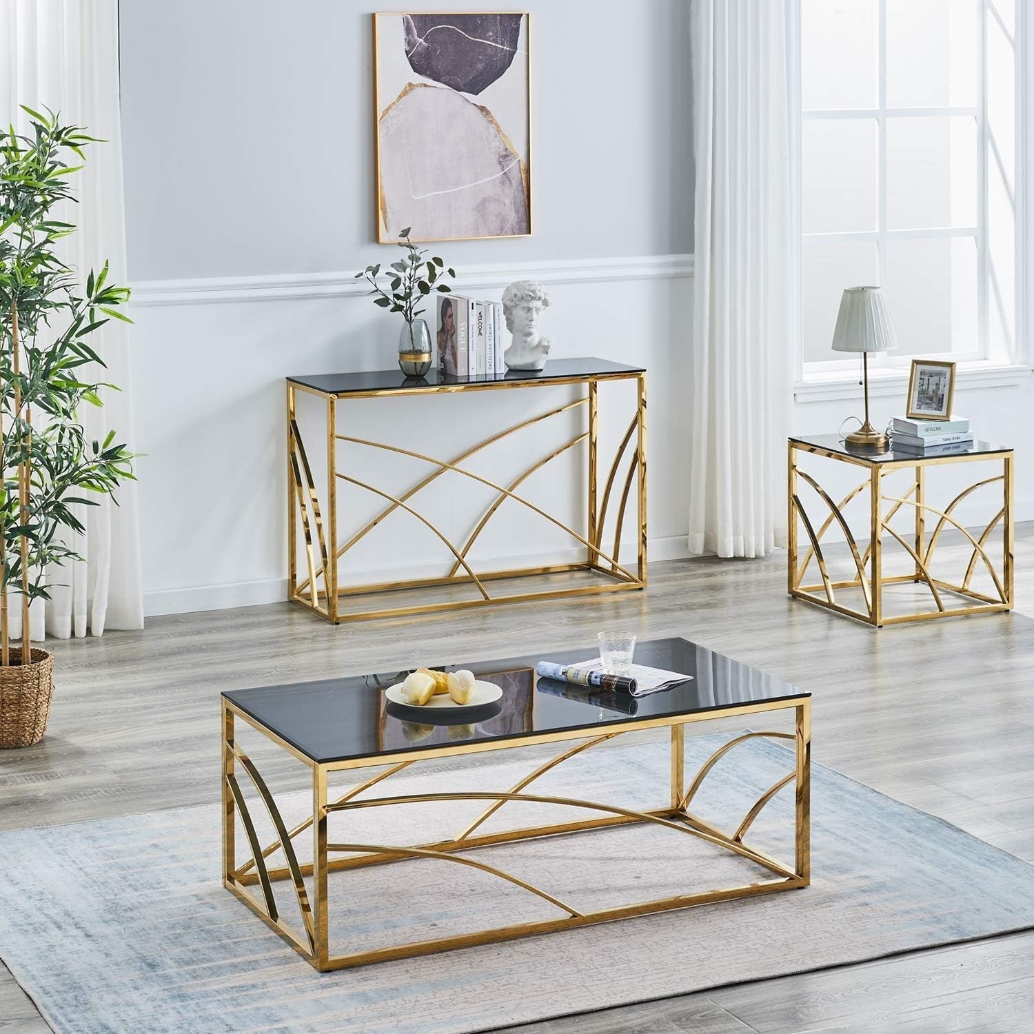 Gold Frame Coffee Table with Dark Grey Tempered Glass, 120x60cm