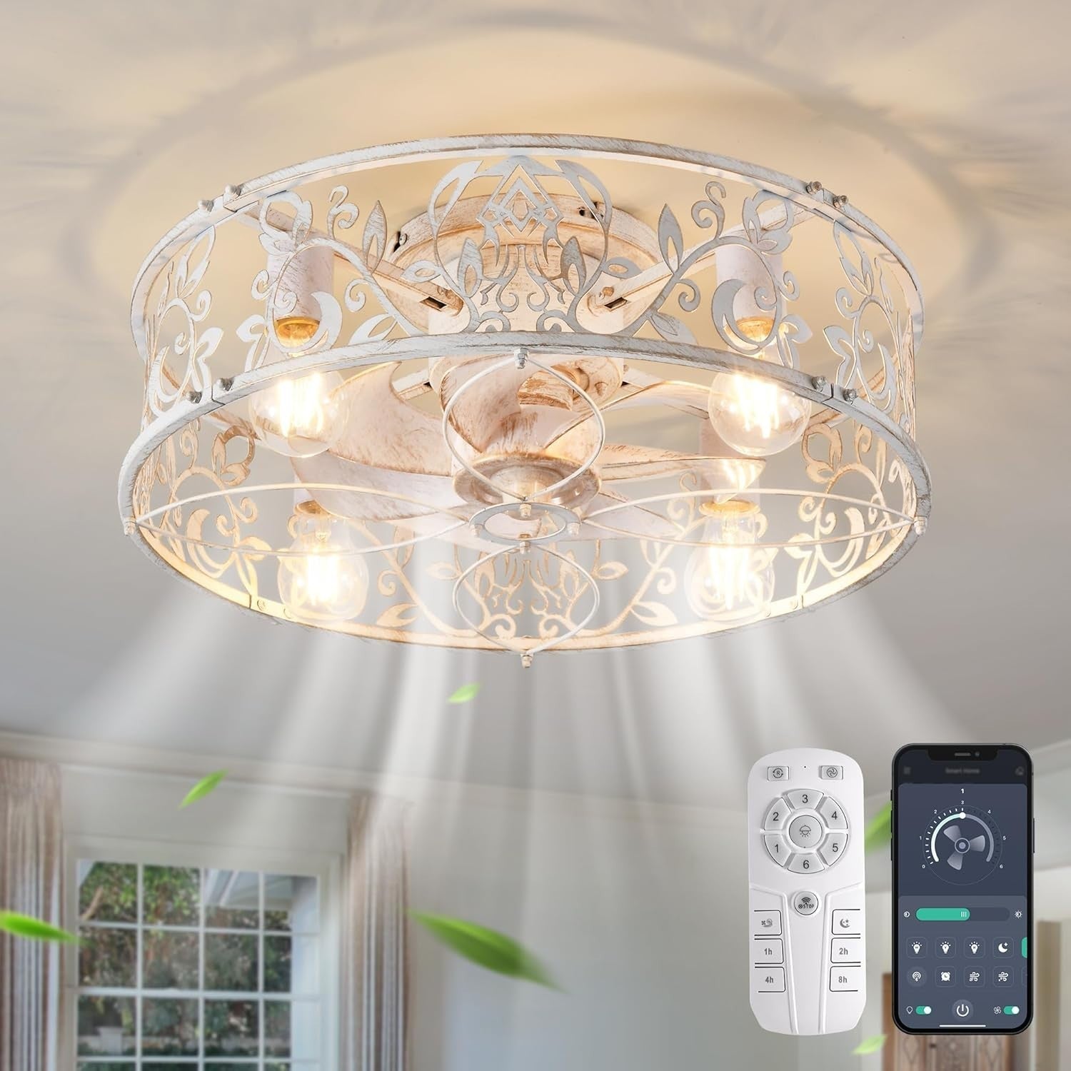Caged Ceiling Fan with Light 51CM, 6-Speed, E27, APP, Remote, WhiteGaneed