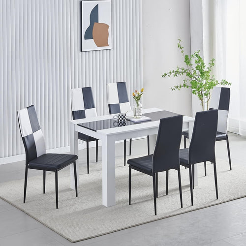 Modern White Dining Table + 4 Faux Leather Chairs (Black & White Checked)