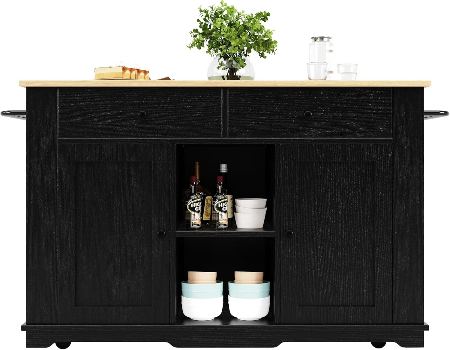 Kitchen Island Trolley with Foldable Side & Drawers Black 151.5x84.7x91.7cm
