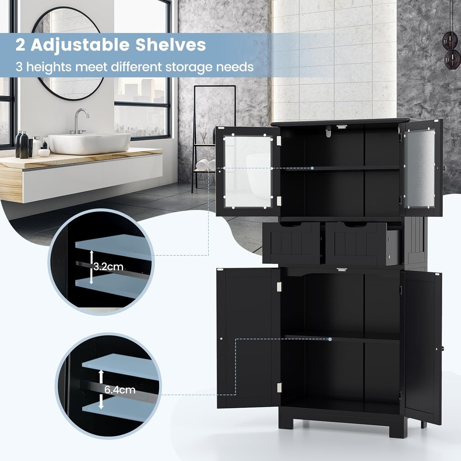 Black Freestanding Storage Cabinet with Glass Doors & Drawers Shelves