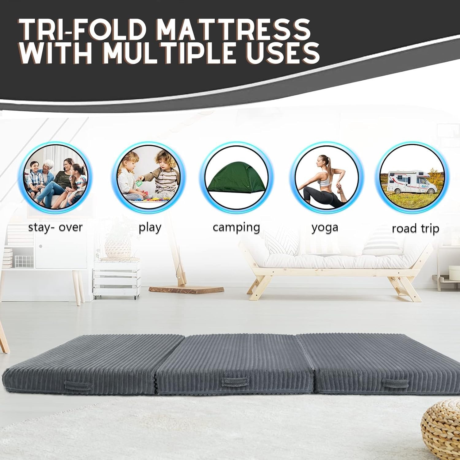 Tri Fold Foam Floor Mattress 10cm Single Bed Guest Foldable Travel Mat