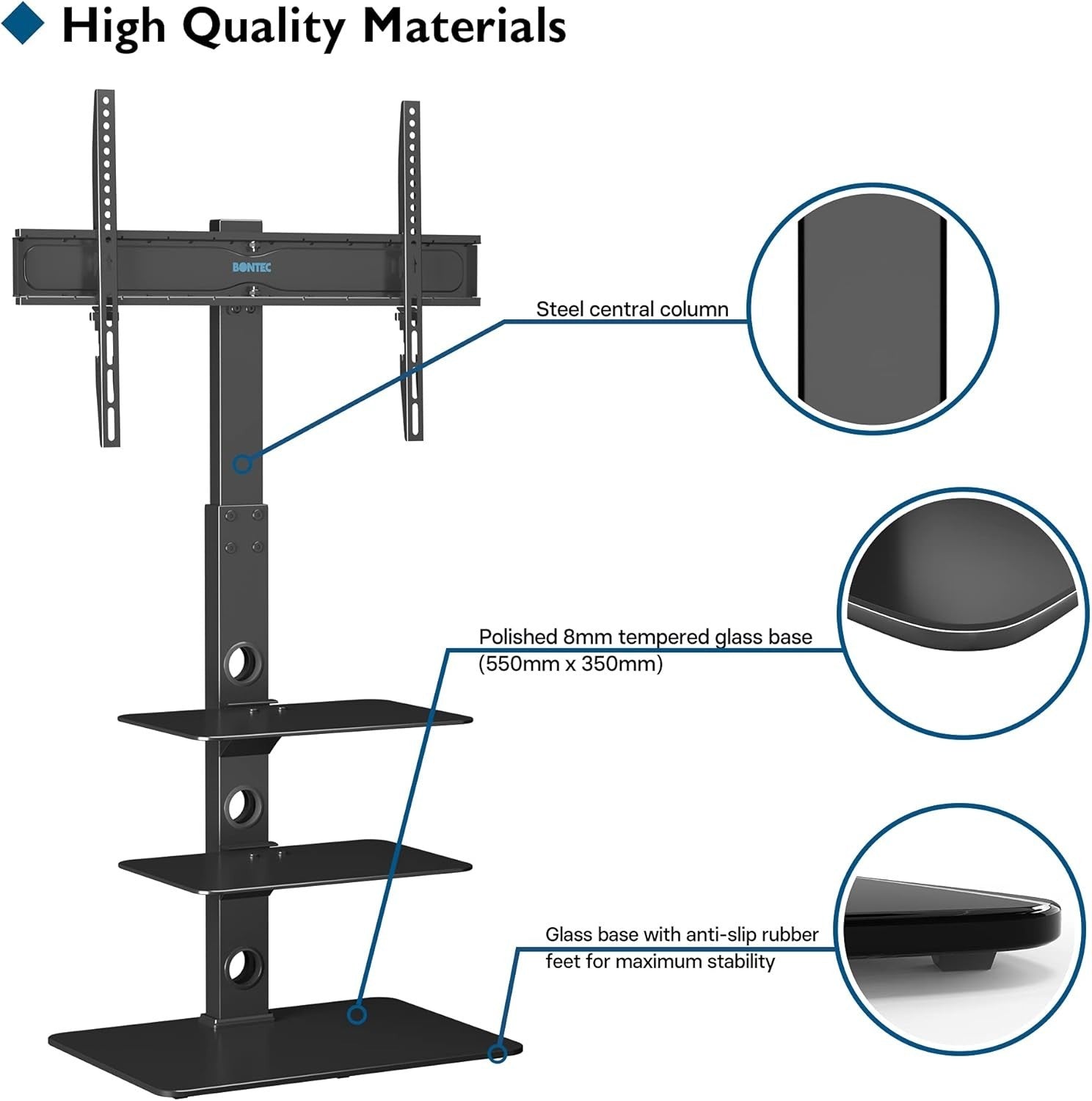 Universal Black TV Floor Stand 30-70" Adjustable Swivel 3-Tier Glass Shelves